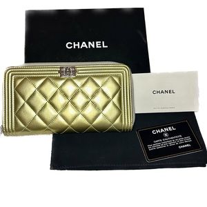 Chanel  Le Boy Gold Patent Leather Long Zip Wallet ✨Dust Bag, Box, & Paperwork